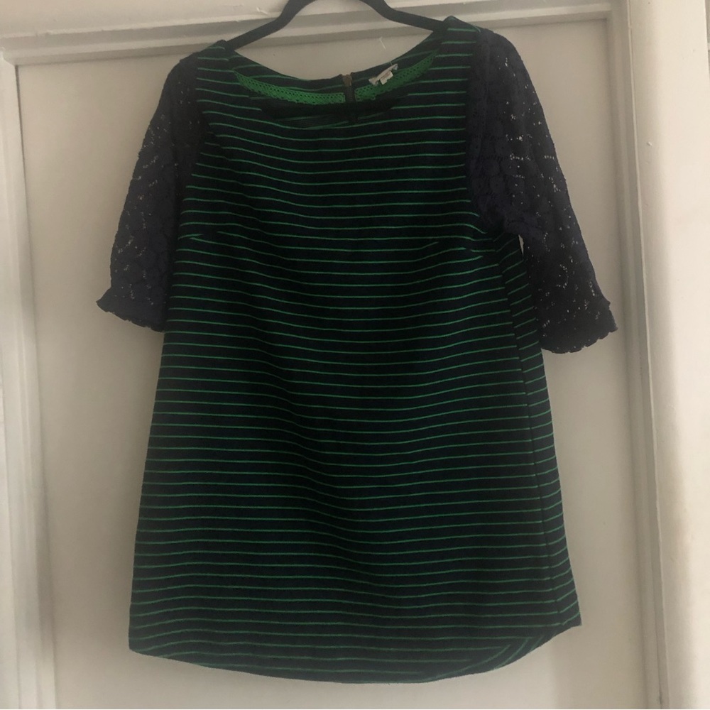 ❤️Anthropologie Postmark Navy Green Striped Mini Dress Tunic Top Lace Sleeves M